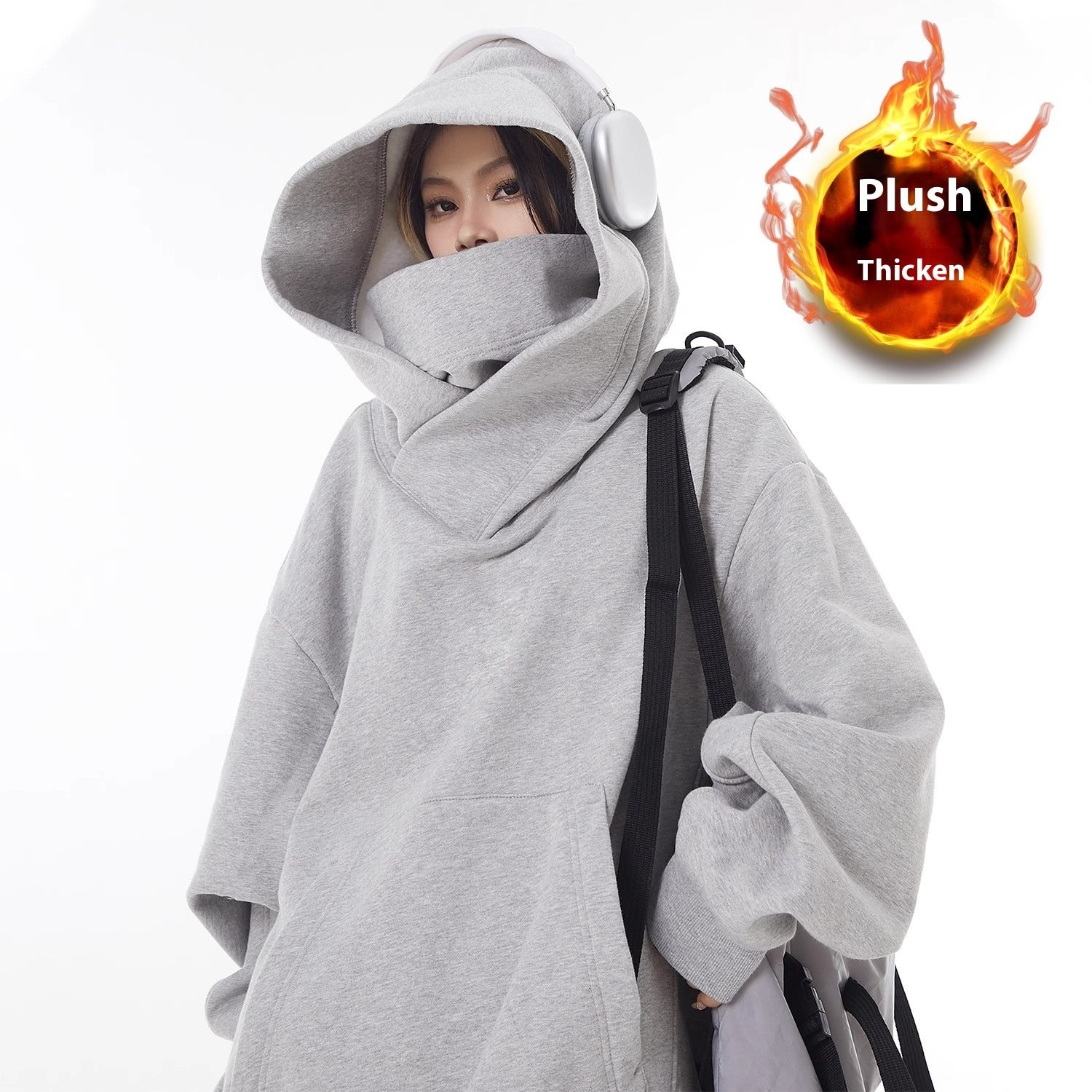 Loose High Collar Fleece Lined Hoodie - Serene