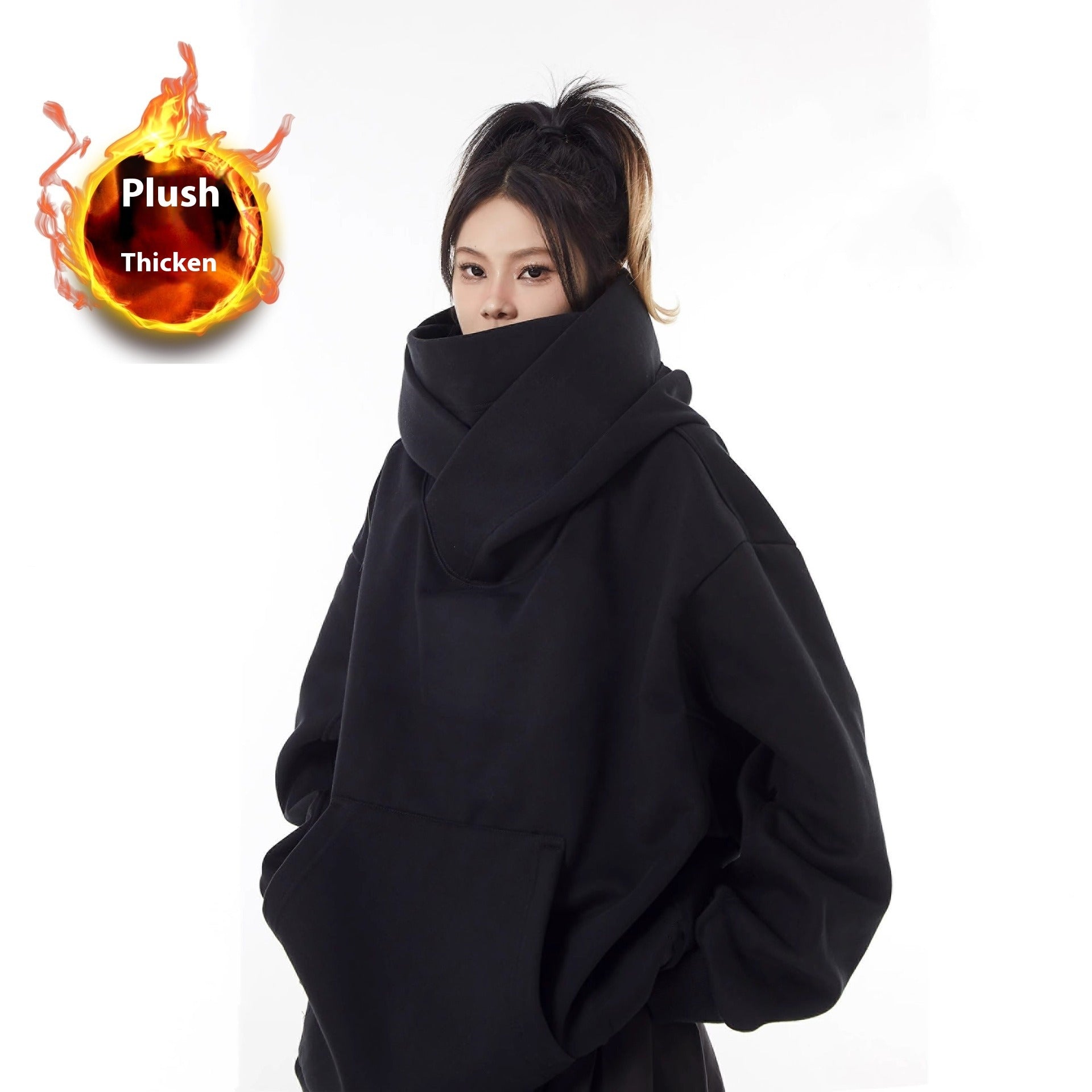 Loose High Collar Fleece Lined Hoodie - Serene