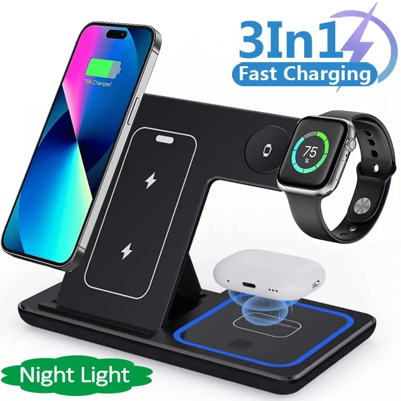 3 In 1 LED Fast Wireless Charger Stand Foldable Charging Station - Serene