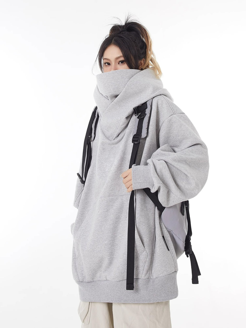 Loose High Collar Fleece Lined Hoodie - Serene