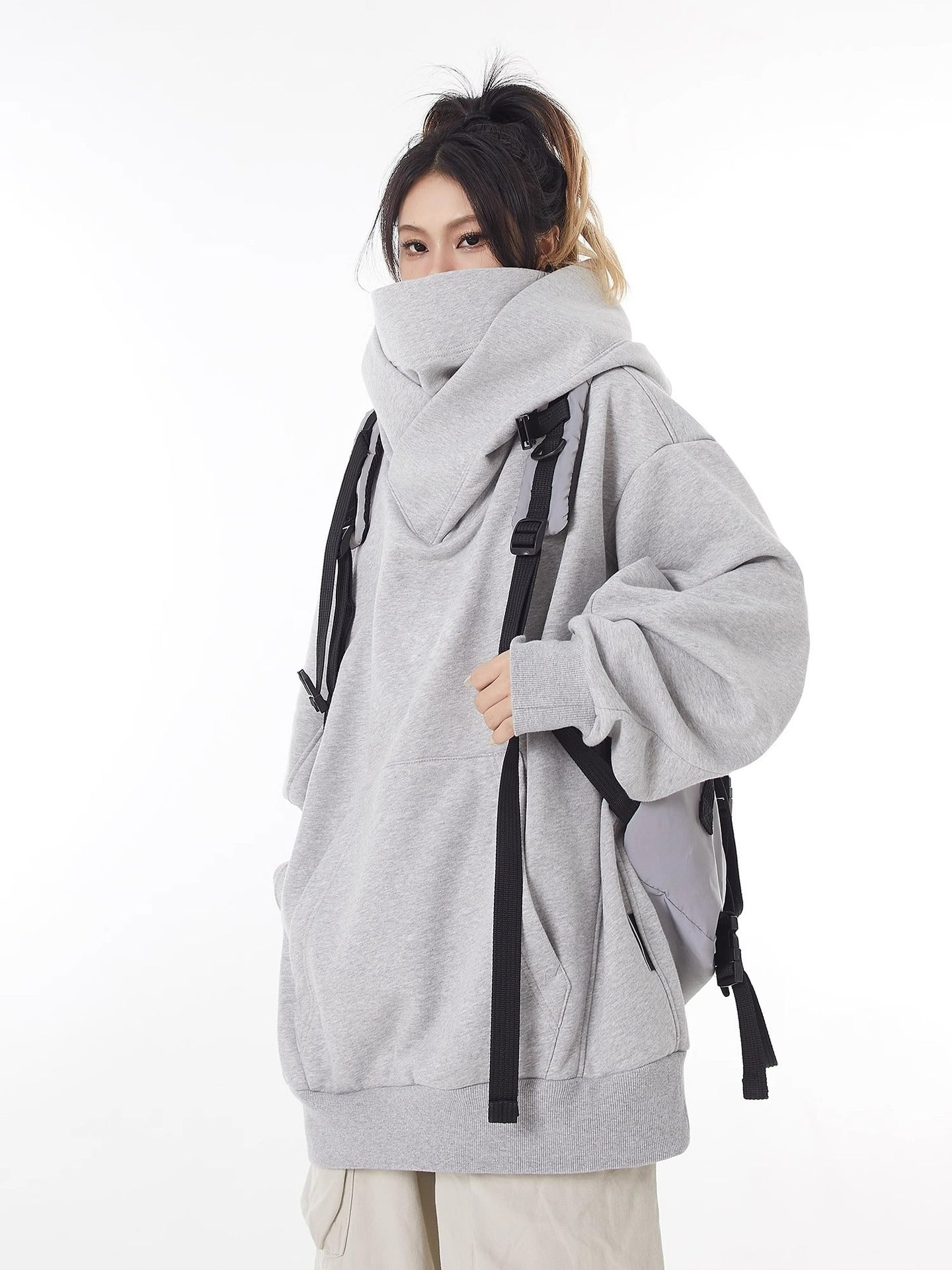 Loose High Collar Fleece Lined Hoodie - Serene